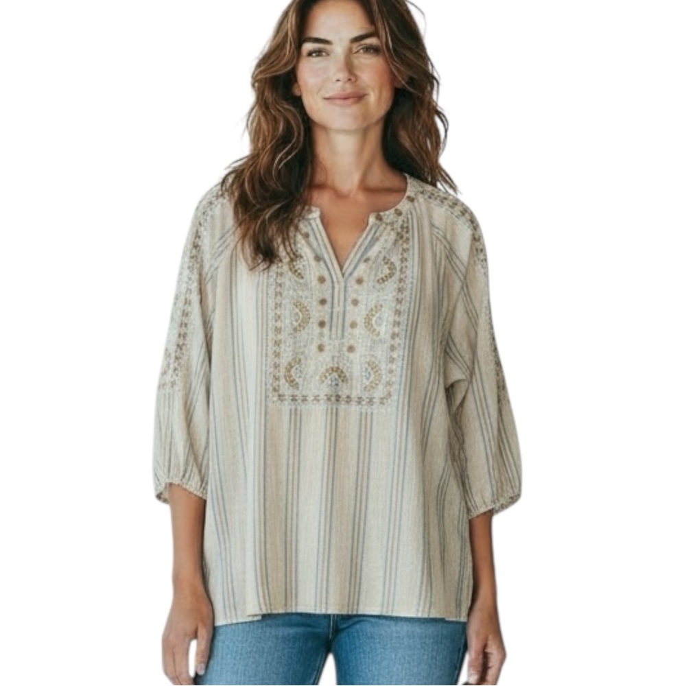 PURE JILL Striped Embroidered Tunic in Beige / Cream Size M — SUPER BOHO VIBES! - Picture 2 of 12